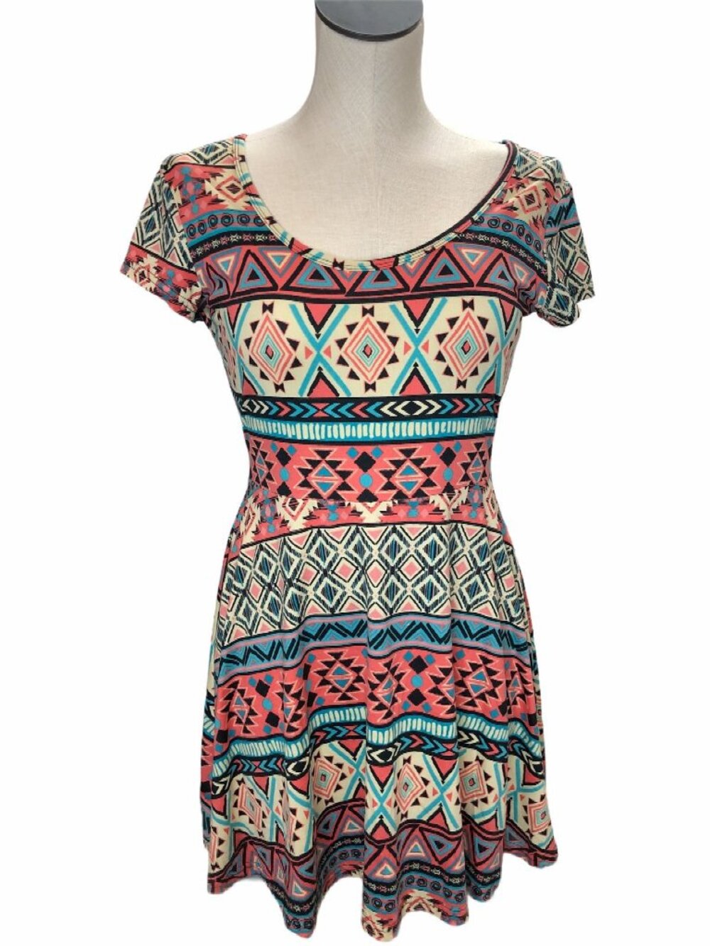 Bobbie Brooks Dress Juniors Women Small Stretch Short Sleeve Mini Pink Aqua Blue
